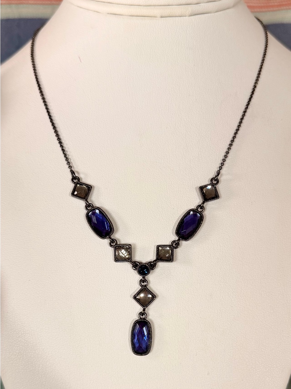 Avon Purple and Gray Stone Drop Necklace + Earring Set
